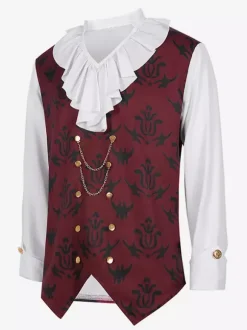 Black Vintage Top Ruffles Floral Print Long Sleeves Retro Costumes For Man Burgundy