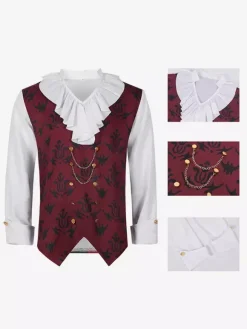 Black Vintage Top Ruffles Floral Print Long Sleeves Retro Costumes For Man Burgundy