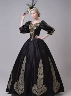 Black Vintage Victorian Rococo Dress Puff Long Sleeves Floral Ball Gown Dress