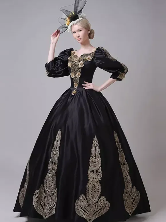 Black Vintage Victorian Rococo Dress Puff Long Sleeves Floral Ball Gown Dress