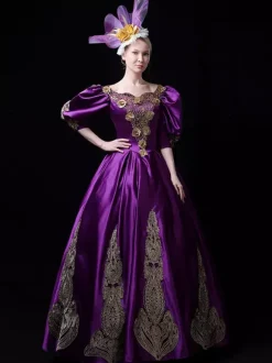 Black Vintage Victorian Rococo Dress Puff Long Sleeves Floral Ball Gown Dress