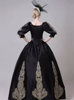 Black Vintage Victorian Rococo Dress Puff Long Sleeves Floral Ball Gown Dress