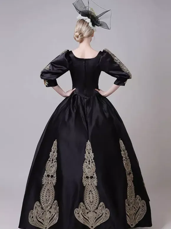 Black Vintage Victorian Rococo Dress Puff Long Sleeves Floral Ball Gown Dress