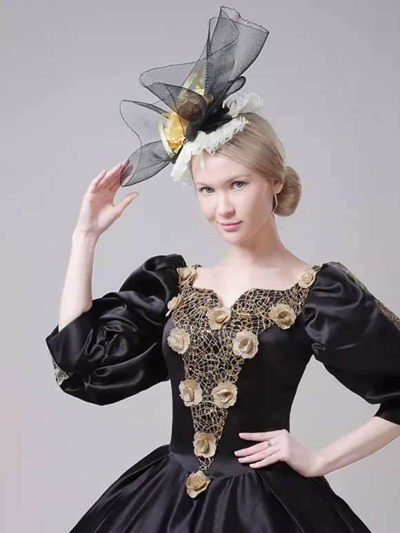 Black Vintage Victorian Rococo Dress Puff Long Sleeves Floral Ball Gown Dress