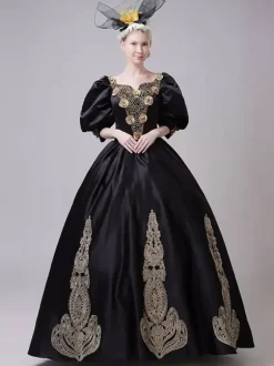 Black Vintage Victorian Rococo Dress Puff Long Sleeves Floral Ball Gown Dress