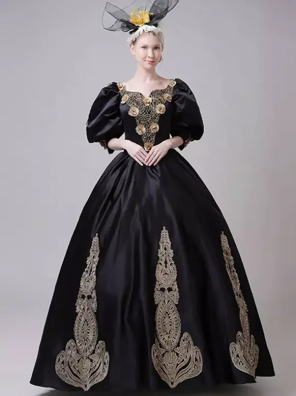 Black Vintage Victorian Rococo Dress Puff Long Sleeves Floral Ball Gown Dress
