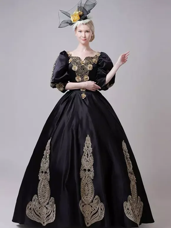 Black Vintage Victorian Rococo Dress Puff Long Sleeves Floral Ball Gown Dress