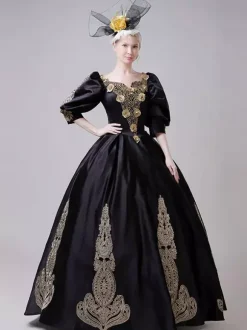 Black Vintage Victorian Rococo Dress Puff Long Sleeves Floral Ball Gown Dress