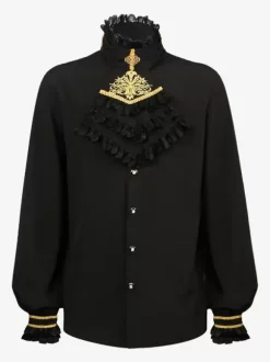 Black Vintage Vintage Gothic Ruffled Stand Collar Long Sleeve Shirt