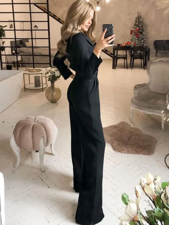 Black V-Neck Long Sleeves Jumpsuits For Women