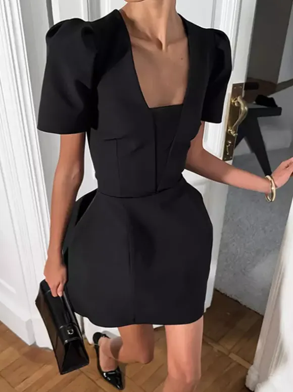 Black V-Neck Women Mini Dress - Elegant Puff Sleeve Hourglass - Elegant Date Night Outfit 2026