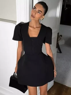 Black V-Neck Women Mini Dress - Elegant Puff Sleeve Hourglass - Elegant Date Night Outfit 2026