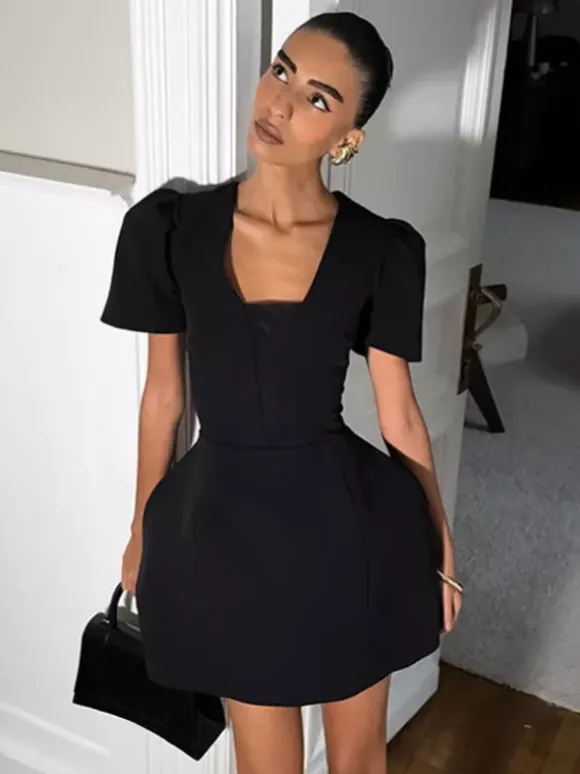 Black V-Neck Women Mini Dress - Elegant Puff Sleeve Hourglass - Elegant Date Night Outfit 2026