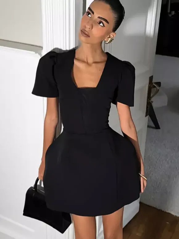 Black V-Neck Women Mini Dress - Elegant Puff Sleeve Hourglass - Elegant Date Night Outfit 2026