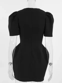 Black V-Neck Women Mini Dress - Elegant Puff Sleeve Hourglass - Elegant Date Night Outfit 2026