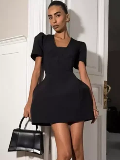 Black V-Neck Women Mini Dress - Elegant Puff Sleeve Hourglass - Elegant Date Night Outfit 2026