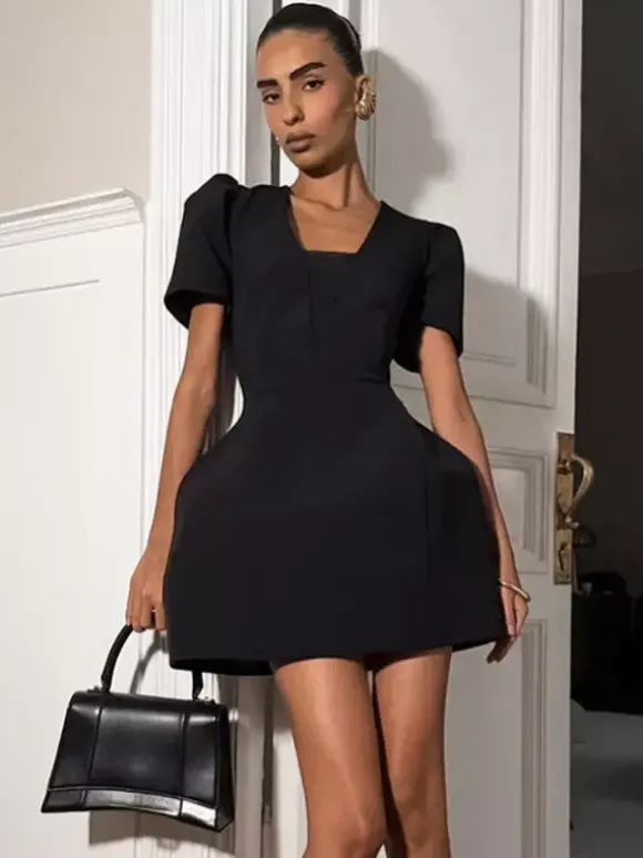 Black V-Neck Women Mini Dress - Elegant Puff Sleeve Hourglass - Elegant Date Night Outfit 2026