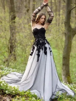 Black Wedding Dresses A-Line Lace Tulle Court Train Bridal Gown