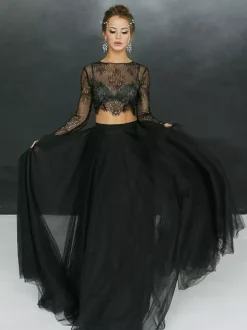 Black Wedding Dresses A-Line Long Sleeves Lace Tulle Floor-Length Bridal Gown Free Customization