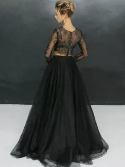 Black Wedding Dresses A-Line Long Sleeves Lace Tulle Floor-Length Bridal Gown Free Customization