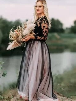 Black Wedding Dresses 2026 A-Line Long Sleeves Lace With Train Bridal Dress Free Customization