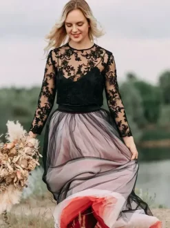 Black Wedding Dresses 2026 A-Line Long Sleeves Lace With Train Bridal Dress Free Customization
