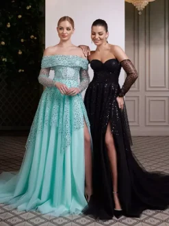 Black Wedding Dresses A-Line Long Sleeves Split Front Lace With Train Bridal Gown Free Customization