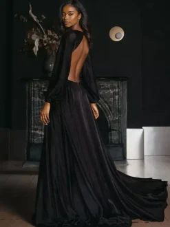 Black Wedding Dresses A-Line Long Sleeves Cut Out Satin Fabric Court Train Bridal Gown Free Customization