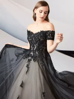 Black Wedding Dresses A-Line Short Sleeves Lace Floor-Length Bridal Gown Free Customization