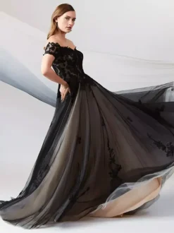 Black Wedding Dresses A-Line Short Sleeves Lace Floor-Length Bridal Gown Free Customization