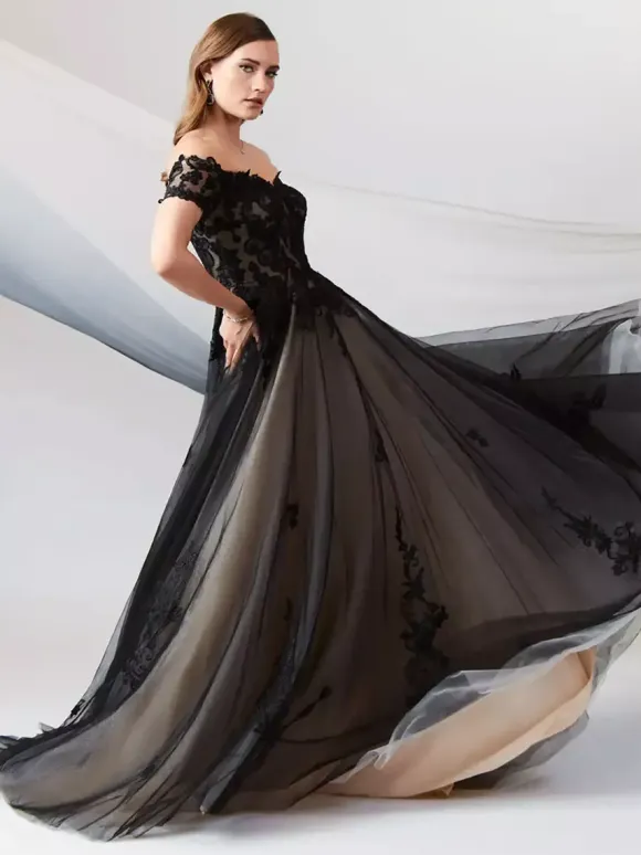 Black Wedding Dresses A-Line Short Sleeves Lace Floor-Length Bridal Gown Free Customization