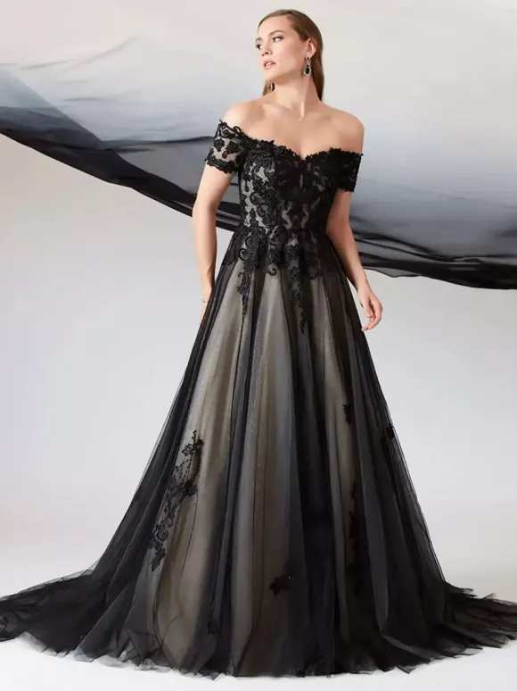 Black Wedding Dresses A-Line Short Sleeves Lace Floor-Length Bridal Gown Free Customization
