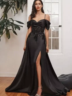 Black Wedding Dresses A-Line Sleeveless Split Front Lace With Train Bridal Dress Free Customization