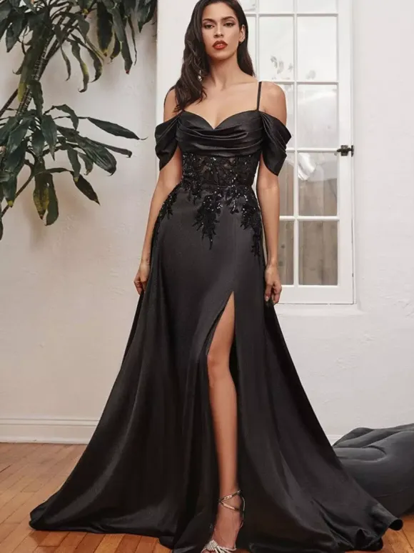 Black Wedding Dresses A-Line Sleeveless Split Front Lace With Train Bridal Dress Free Customization