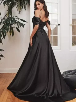 Black Wedding Dresses A-Line Sleeveless Split Front Lace With Train Bridal Dress Free Customization