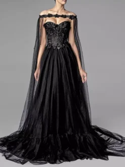 Black Wedding Dresses A-Line Sleeveless Lace With Train Bridal Gown Free Customization