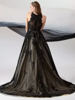 Black Wedding Dresses A-Line Sleeveless Lace With Train Bridal Dress Free Customization