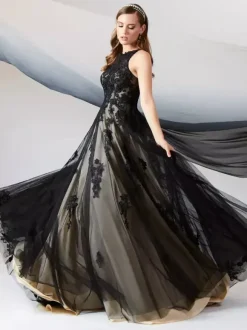 Black Wedding Dresses A-Line Sleeveless Lace With Train Bridal Dress Free Customization