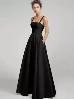 Black Wedding Dresses A-Line Sleeveless Satin Fabric With Train Bridal Gown