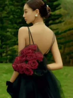 Black Wedding Dresses A-Line Sleeveless Tea-Length Bridal Dress Free Customization