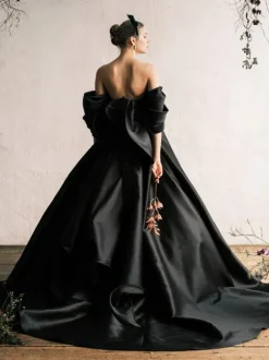 Black Wedding Dresses Ball Gown Short Sleeves Satin Fabric Floor-Length Bridal Gown Free Customization