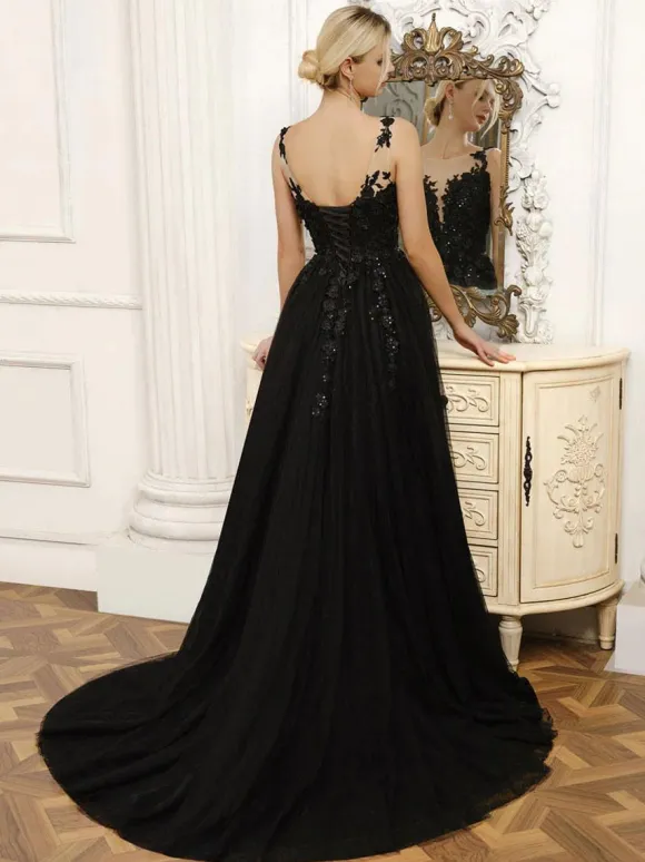 Black Wedding Dresses Lace A-Line Sleeveless With Train Bridal Dress Free Customization