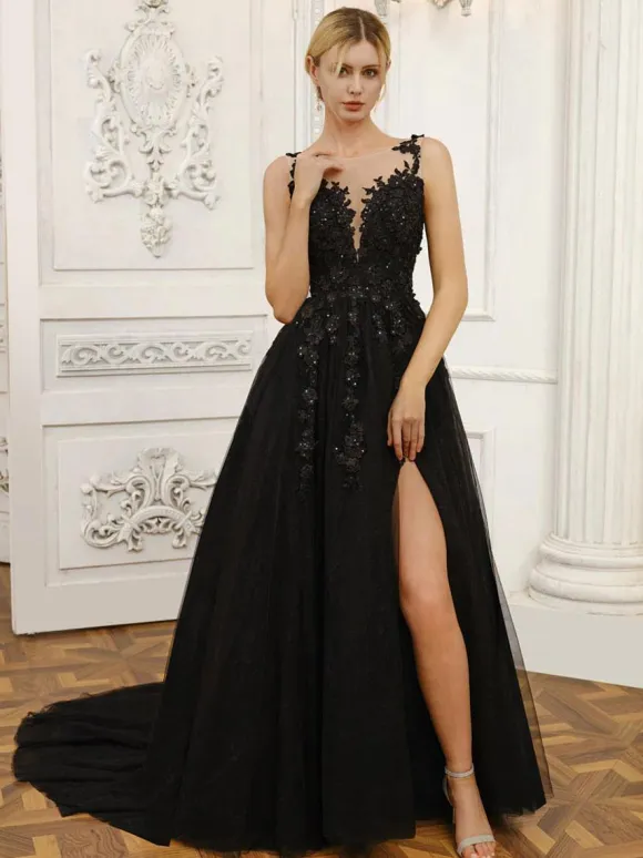 Black Wedding Dresses Lace A-Line Sleeveless With Train Bridal Dress Free Customization