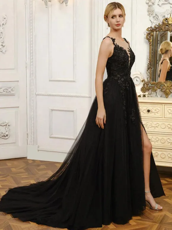 Black Wedding Dresses Lace A-Line Sleeveless With Train Bridal Dress Free Customization