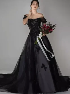 Black Wedding Dresses Lace A-Line Sleeveless With Train Bridal Gown Free Customization