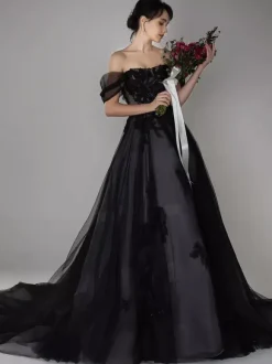Black Wedding Dresses Lace A-Line Sleeveless With Train Bridal Gown Free Customization