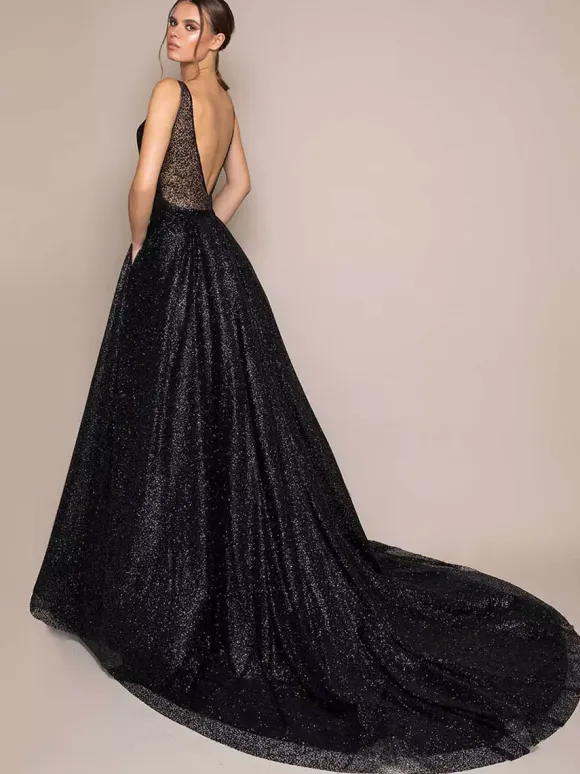 Black Wedding Dresses Lace A-Line Sleeveless Pockets Court Train Bridal Gown Free Customization