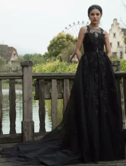 Black Wedding Dresses Lace A-Line Sleeveless Natural Waist Lace With Train Bridal Gown