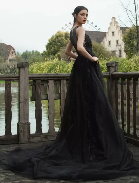 Black Wedding Dresses Lace A-Line Sleeveless Natural Waist Lace With Train Bridal Gown