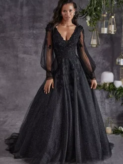 Black Wedding Dresses Lace A-Line Long Sleeves Floor-Length Bridal Dress Free Customization